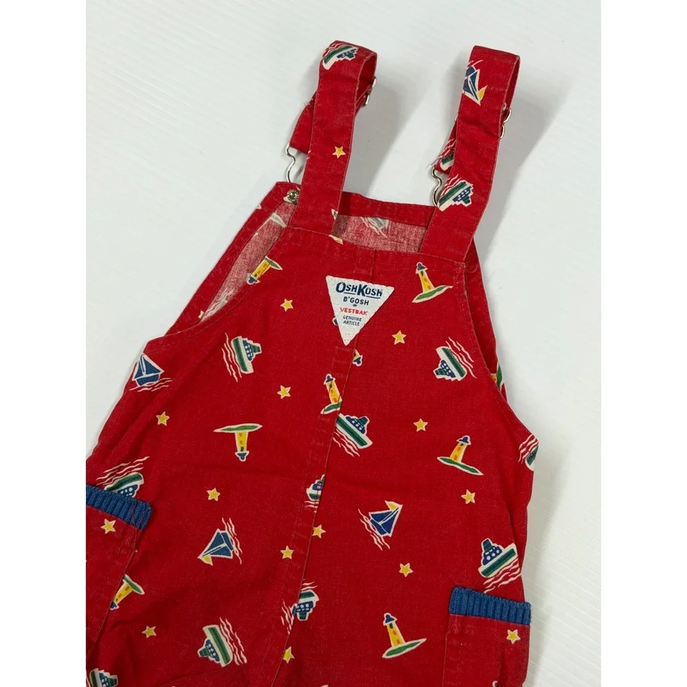 VTG OshKosh B'Gosh Overalls Red Nautical Sailboat Lighthouse USA 3T Boys